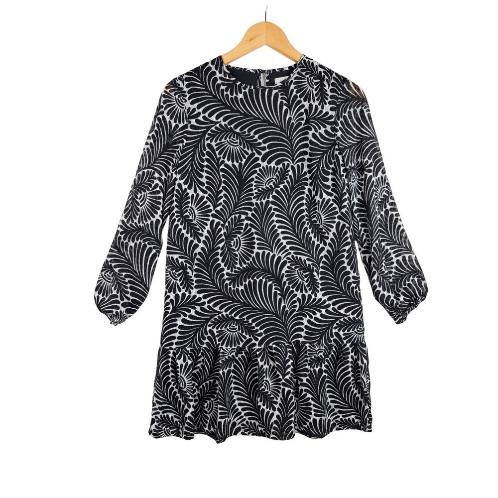 New Loft Feather Print Textured Long Sleeve Dress size XXS Petite‎ Black/White